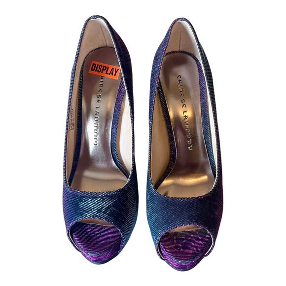 Chinese Laundry Platform Pumps Hot Spots Shoes Women Sz 6 Peep Toe Blue Purple - Picture 11 of 14